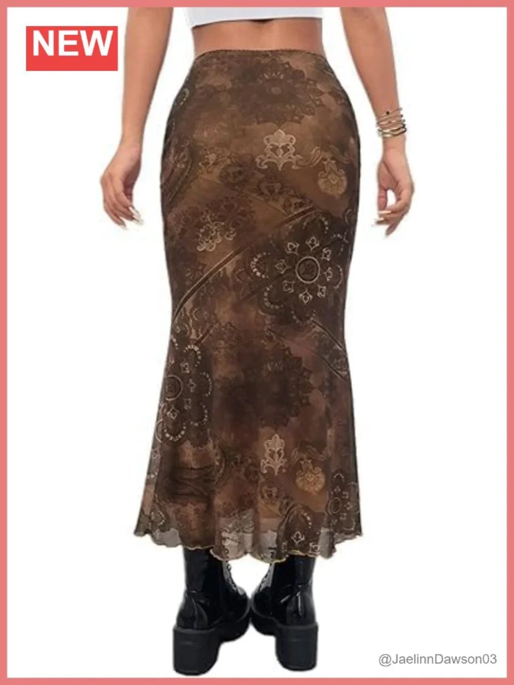 Boho Floral Mesh High Waisted Mermaid Maxi Skirt 90s Grunge